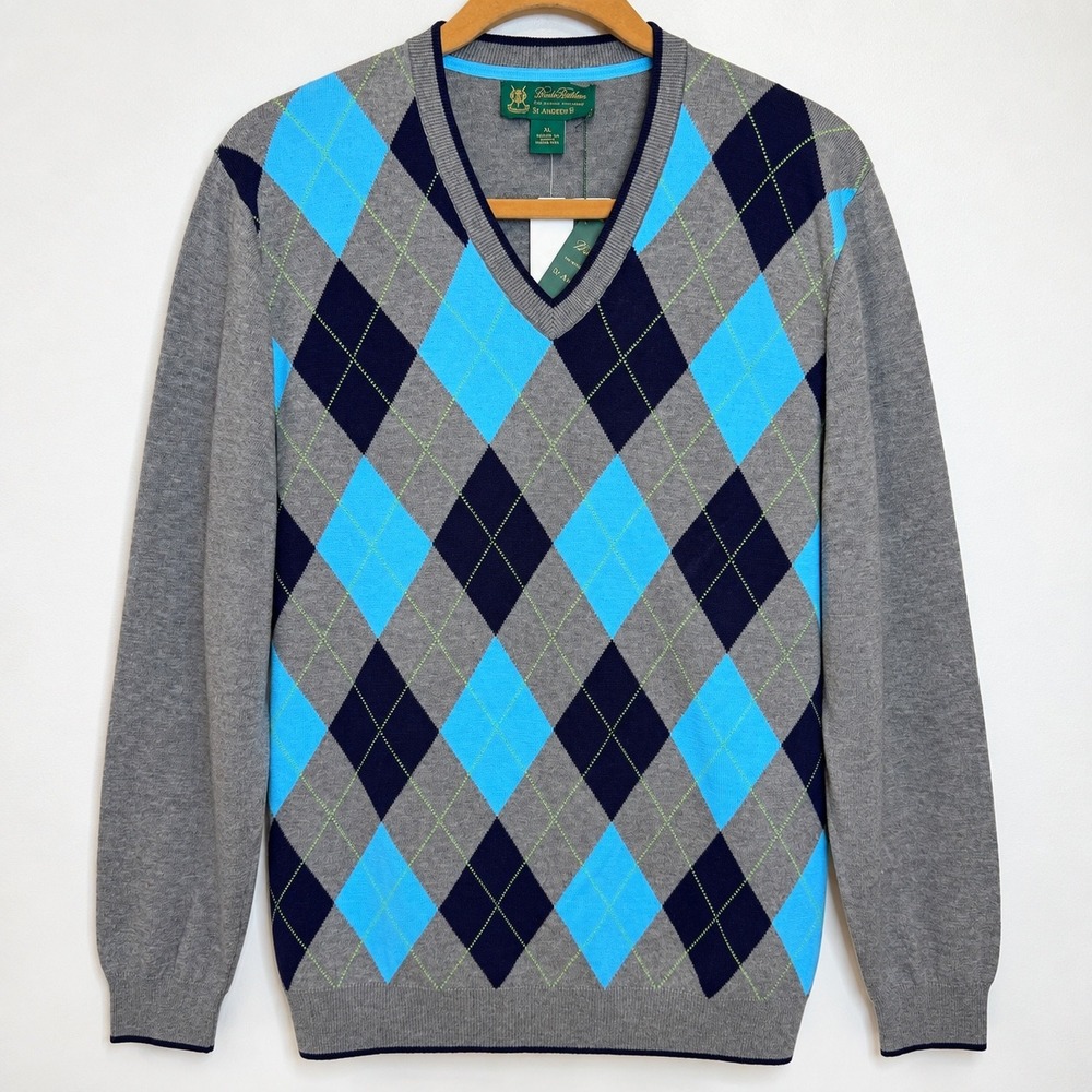 Brooks Brothers St Andrews Links Argyle V-Neck Supima Cotton Sweater Grey XL NEW